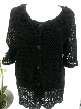 Nicole Marie Womens Size M Black Crochet Floral Boho Cardigan Sweater Top